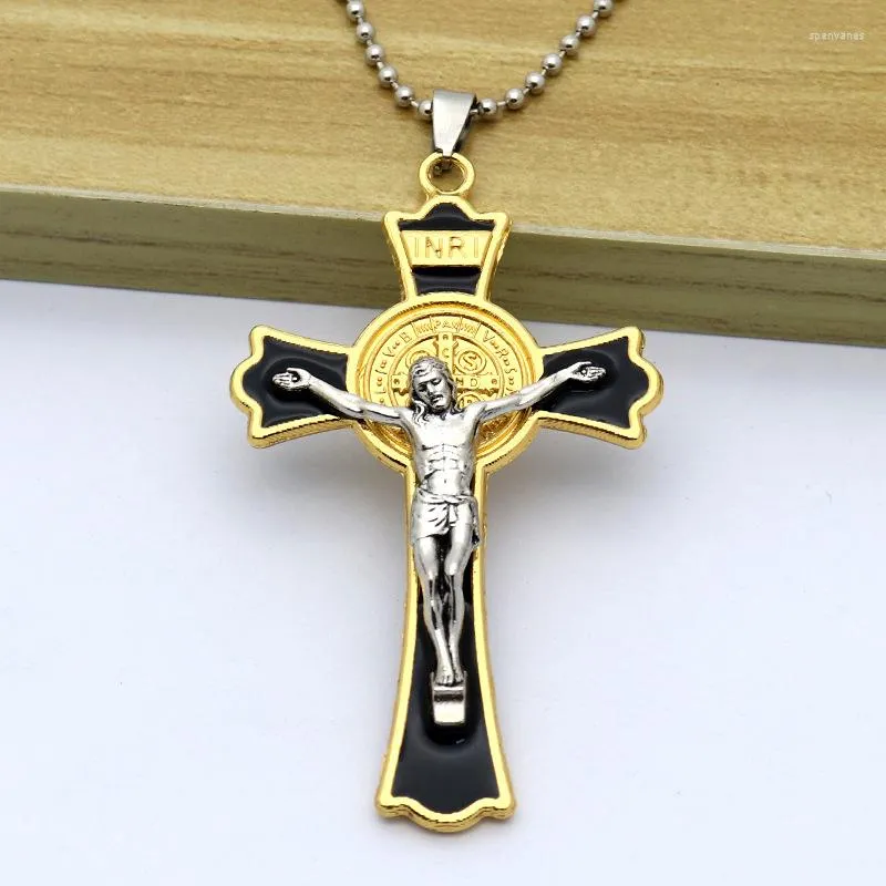 Kedjor Diyalo svart guldfärg Crucifix Inri Jesus Kristus kors hänge halsband Katolska Holy St. Benedict pärlkedje smycken gåva