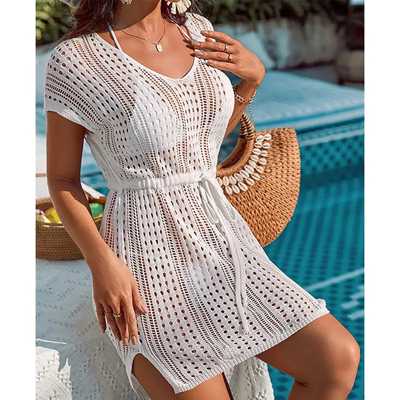 ملابس السباحة النسائية S - XL Hollow Out Lace Up Crochet Tunic Tunic Beach Cover Up Beach Beach Dress Wear Beachwear Female Women