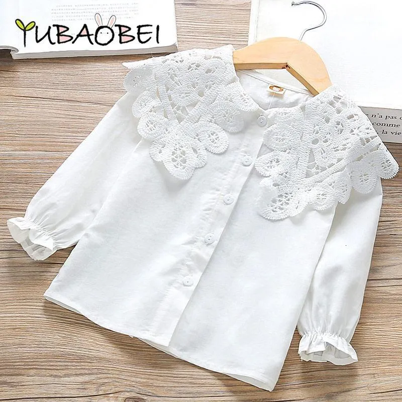 Barnskjorta Spring Autumn Girls White Shirt Korean Fashion All-Match Barnens långärmade T-shirt Cotton Lace Top kläder 230321