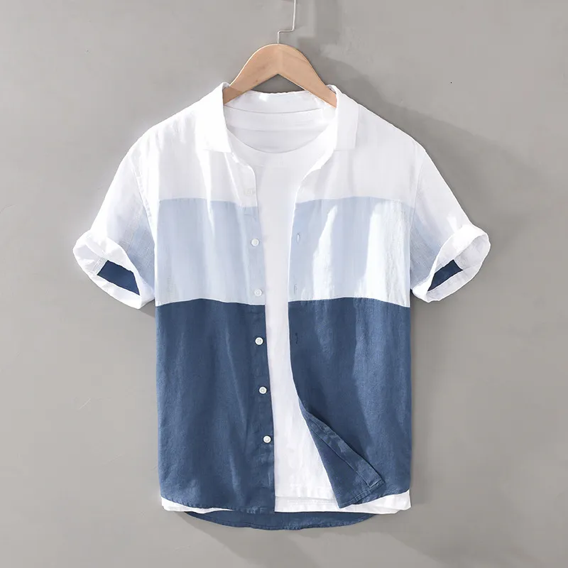 Men's Casual Shirts 1728 Men Summer Fashion Japan Simple Harakuju High Quality 100% Linen Fabric Gradient Patchwork Short Sleeve Casual Slim Shirts 230321