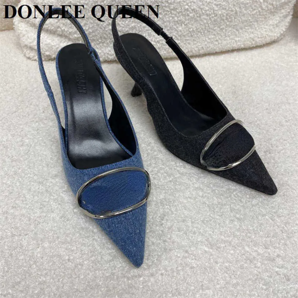 Mode Slingback Sandales Femmes Talons Bas Pompes Marque Chaussures Élégant Bout Pointu Femme Mules Robe Diapositives Denim Sandalias Mujer 230210