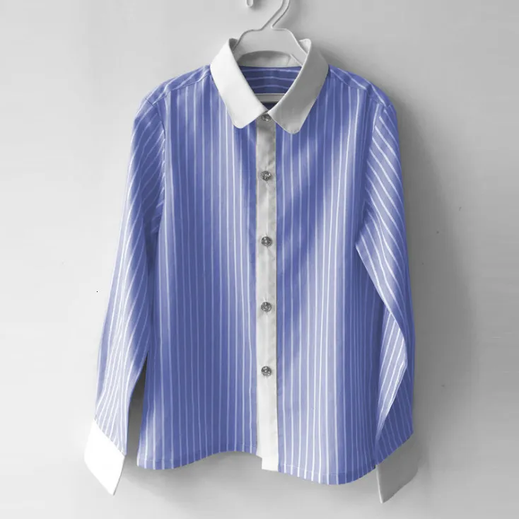Koszule dla dzieci chłopcy jesienne lato Niebieskie białe koszule w paski długie bluzki szkolne mundurek dżentelmeni dżentelmeny za 6 8 10 12 14 16 y 230321