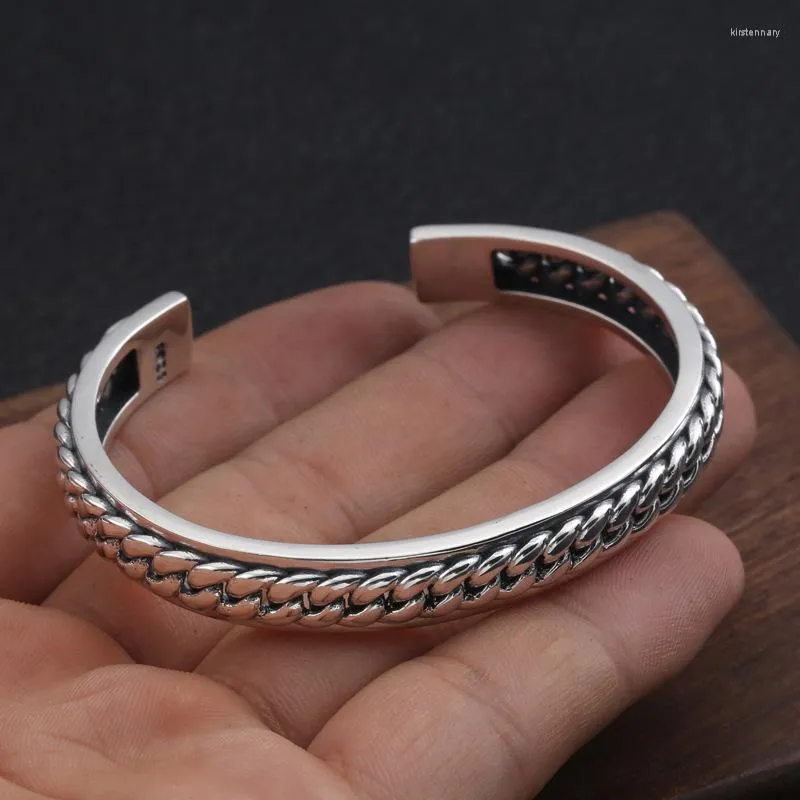 Bangle Solid Silver 925 Weave Band Cuff & Bracelet Men Women Vintage Simple Style Sterling Fine Jewelry Thai