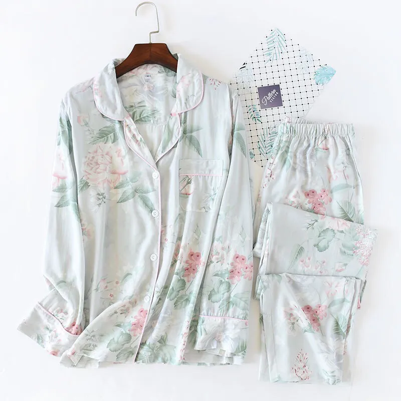 Pijamas de mola feminina de mola de pijama imprimido floral mole algodão de algodão simples Mulheres Mulheres de manga longa 2 peça Conjunto de roupas domésticas 230321