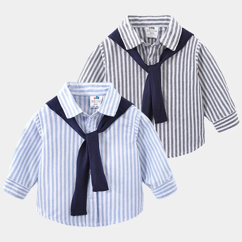 Barnskjortor Spring Autumn Fashion 2 3 4 6 8 10 år barn TurnDown Collar Striped Long Sleeve Shirt med slips för Baby Kids Boy 230321