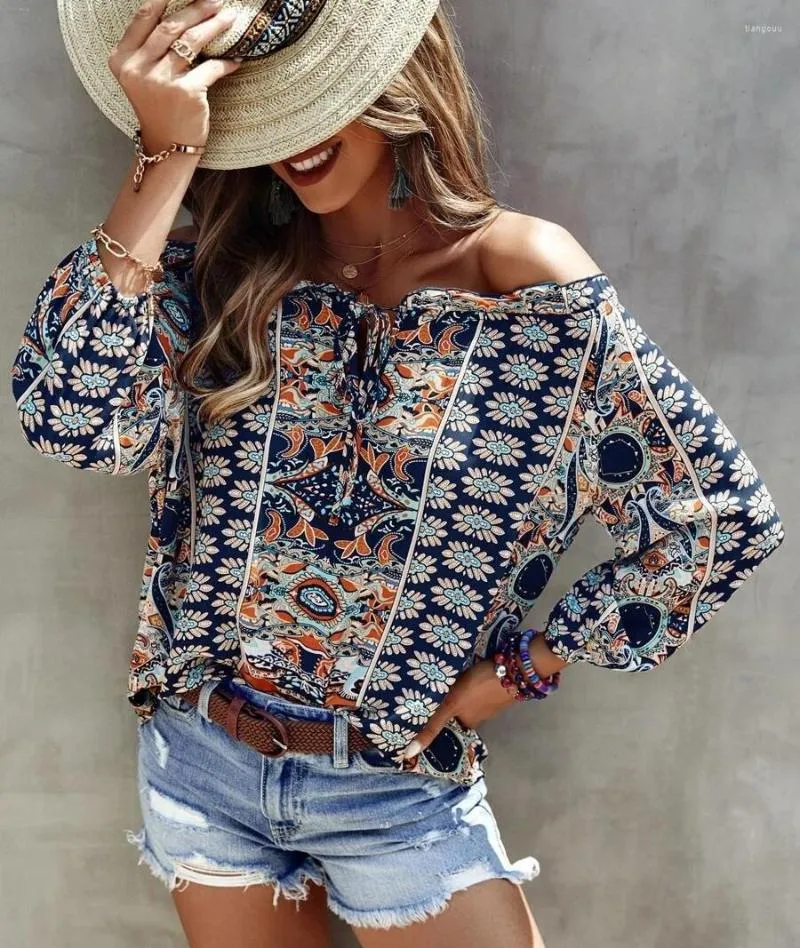 Damesblouses ayualin rayon bloemenprint blouse boho zomer 2023 sexy off schouder lange mouw shirts voor vrouwen strand dragen losse tops