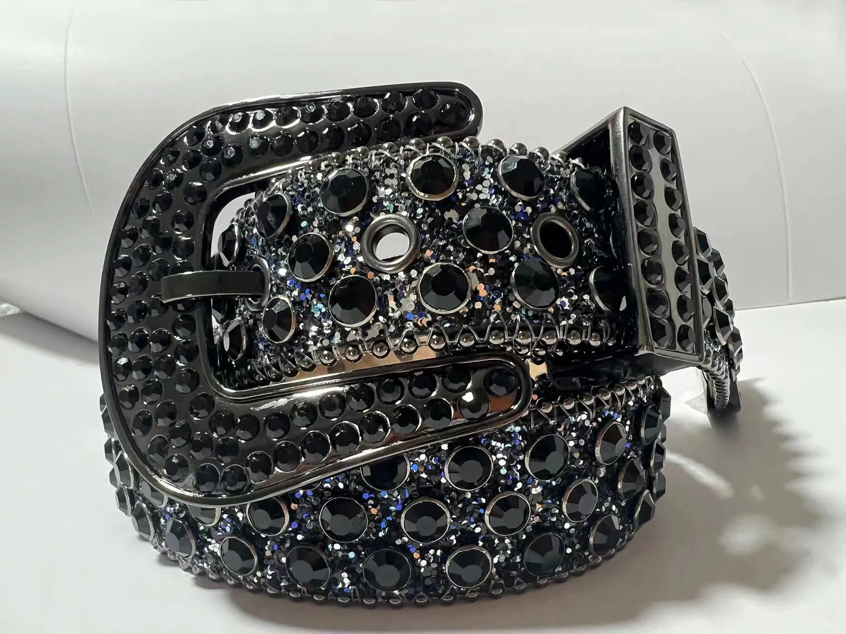 Genuine Leather Black Red Full Rhinestone Bb Simon Belt with 