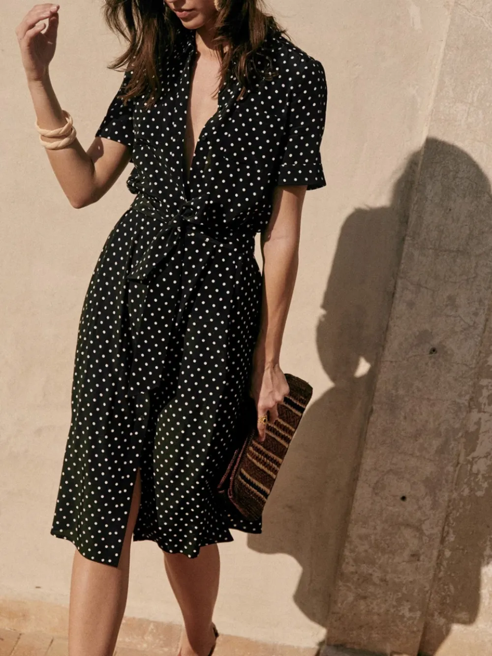 black dresser wood top Candie Midi Dress In Black With Brown Spot – St Frock main image 0