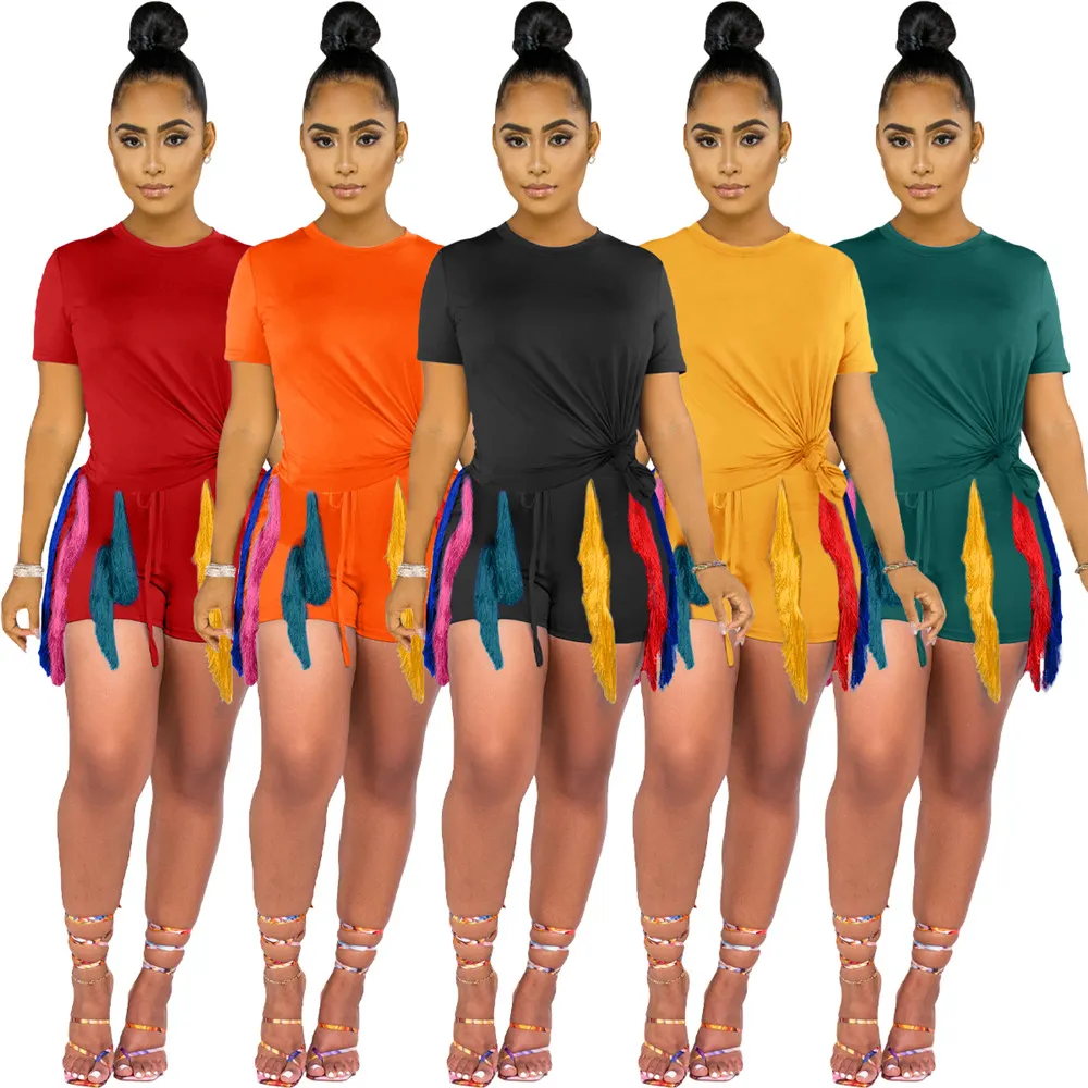 Designer Summer Outfits Women Tracksuits Two 2 Pieces Sets Short Sleeve T-shirt and Tassels Shorts Sportswear Solid Sweatsuits Bulk Items Wholesale Clothes 9534