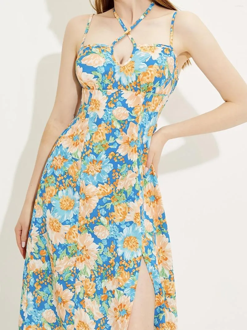 Casual Dresses Suspender Slit Split Elegant Ditsy Floral Print Dress Slim Temperament Mid-Length Women's Clothing