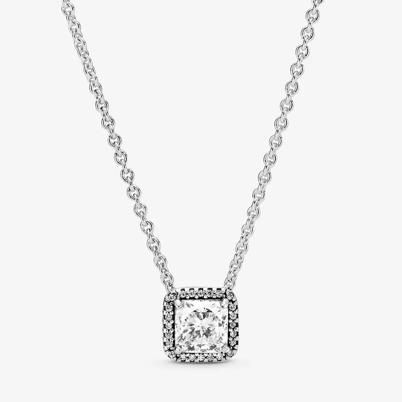 Square Sparkle Halo Necklace Real Sterling Silver for Pandora CZ Diamond Wedding designer Jewelry For Women Girlfriend Gift Link Necklaces with Original Box Set