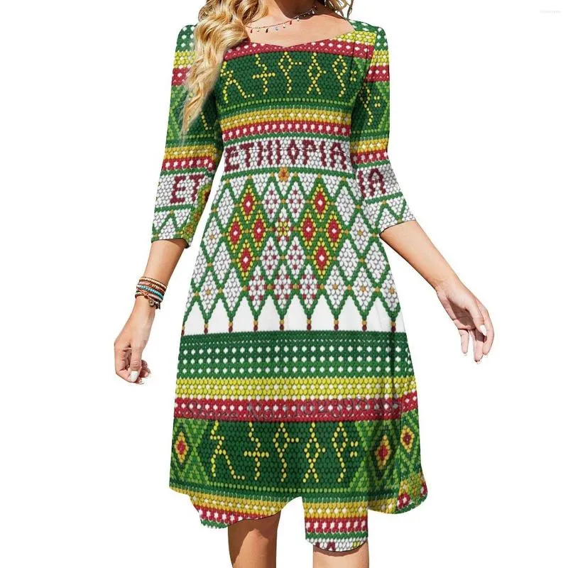 Casual Dresses Green Yellow And Red Chelie Square Neck Dress Cute Loose Print Elegant Beach Party Ethiopian Flag