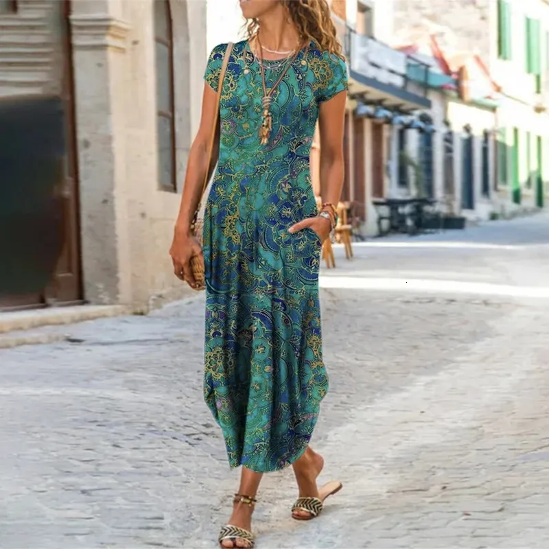Vestido Maxi Bohemio Para Mujeres Manga Corta, Estampado Floral