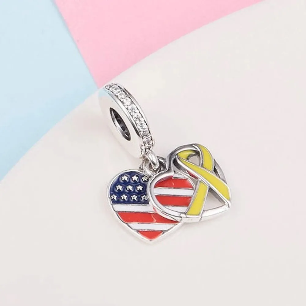 925 Sterling Silver USA Heart Flag Dangle Bead Fits European Jewelry Pandora Style Charm Bracelets