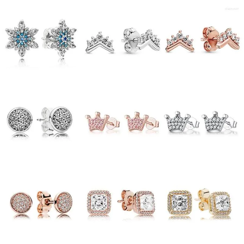 Stud Earrings 925 Sterling Silver Diy Blue Crystal Snowflake Rose Gold Crown For Women Wedding Party Jewelry