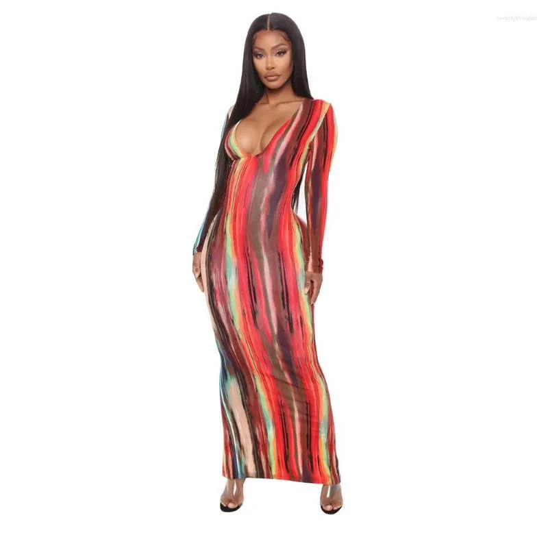 Abiti casual Abito tie-dye Stampa a righe Moda scollo a V Manica lunga aderente Maxi Sexy Party 2XL XL-S