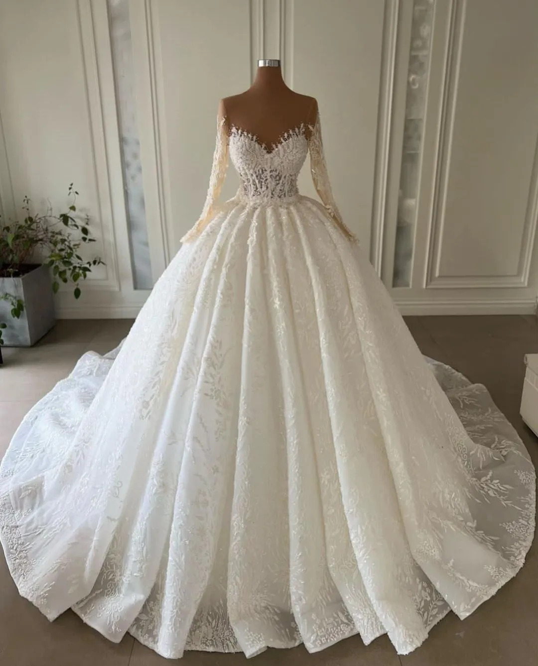 Elegant Ball Gown Wedding Dresses Long Sleeve V Neck Lace Up Bridal ...