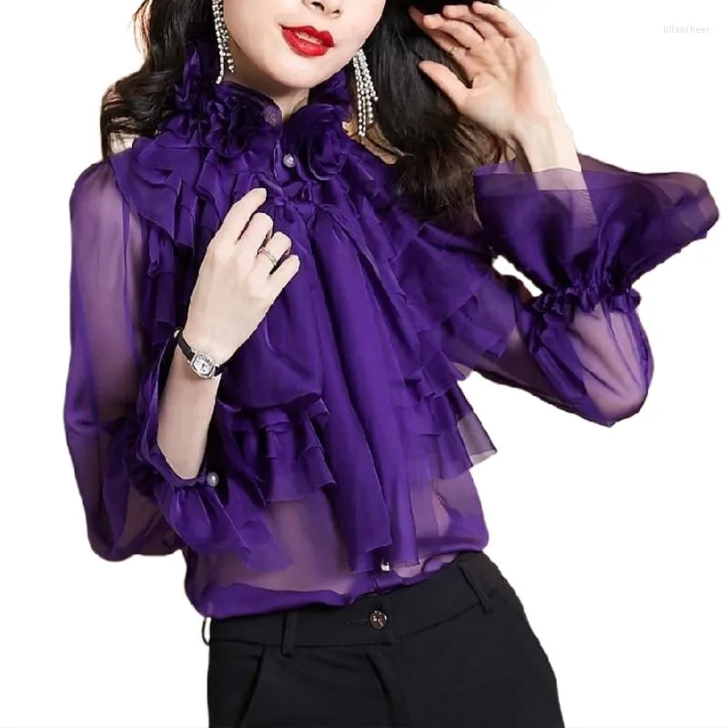 Women's Blouses Women Perspective Purple Lotus Leaf 3D Bowtie Pleated Chiffon Shirts Lace Spliced Blusas Ins Flare Sleeve Crop Tops 2023