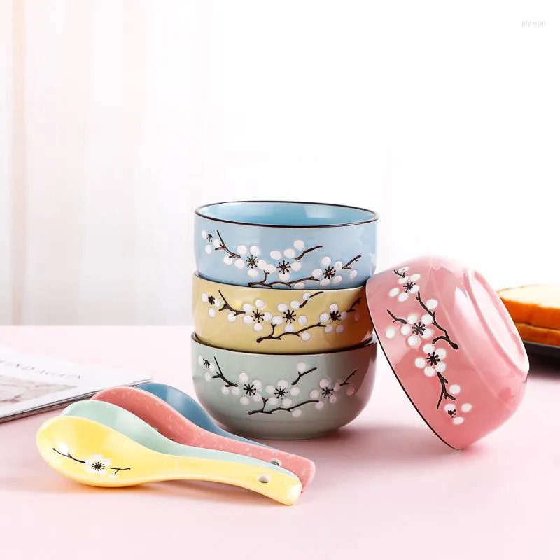 Skålar japanska keramiska bordsartiklar skålsked set gåva ris soppa godis platos de ceramica blomma