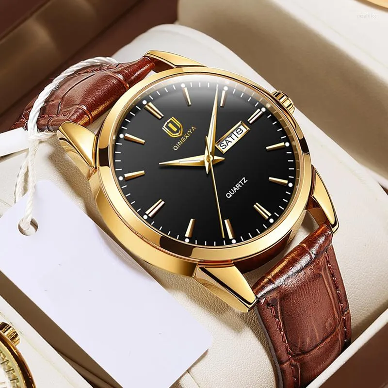 Armbanduhren QINGXIYA Business Männer Quarzuhr Mode Leuchtende Woche Kalender Herrenuhren Top Leder Wasserdicht Reloj Hombre