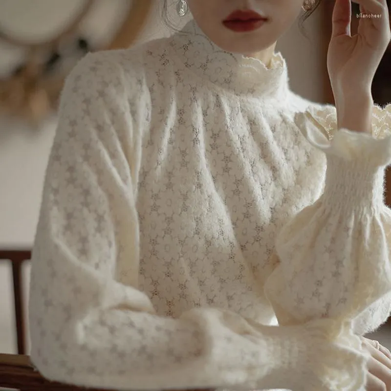 Kadın bluzları tatlı mori kız fırçalanmış alt dantel gömlek kadın iç çamaşırı üstleri ve sonbahar kış petal kabarcık kol bayanlar kazık