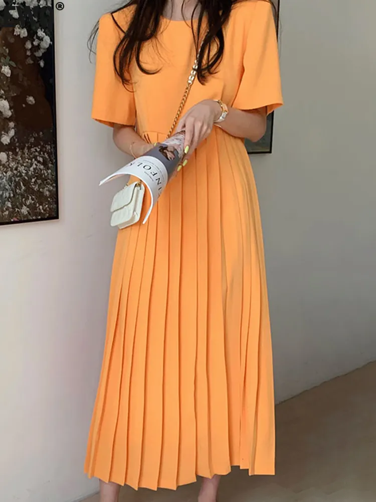 chinese dress ladies Round Neck Dress Solid Color Mid Dress Summer Ruffles Solid Color Round Neck  Loose Mid Dress Women main image 1