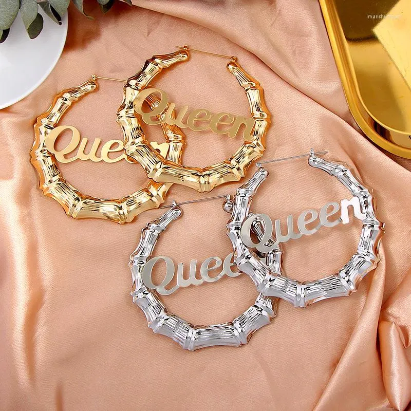 Hoop Earrings Flatfoosie Fashion Gold Silver Color Bamboo Big For Women Hollow Geometric Letter 2023 Statement Jewelry