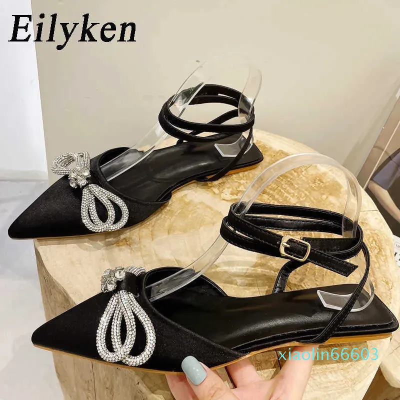 Design CRYSTAL Buckle Strap Women Pumps Shallow Pointed Toe Flat Heels Casual Party Mules Ladies Shoes 230306