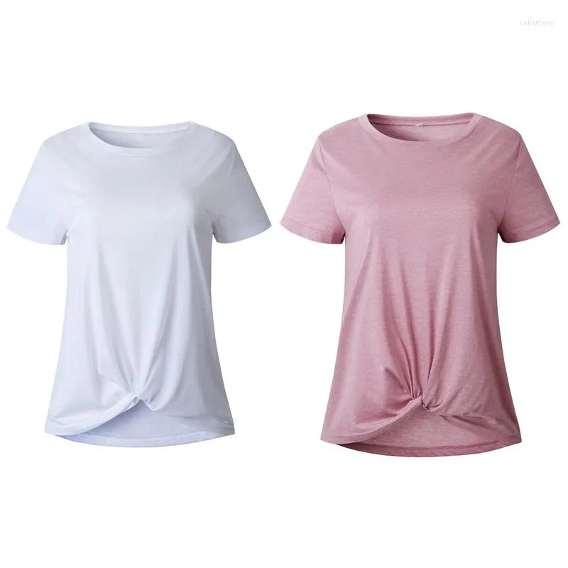 Camisetas femininas 2x Tops de manga curta feminino Casual Crew pescoço solto tize dianteiro nó dianteiro simples camiseta cruzada