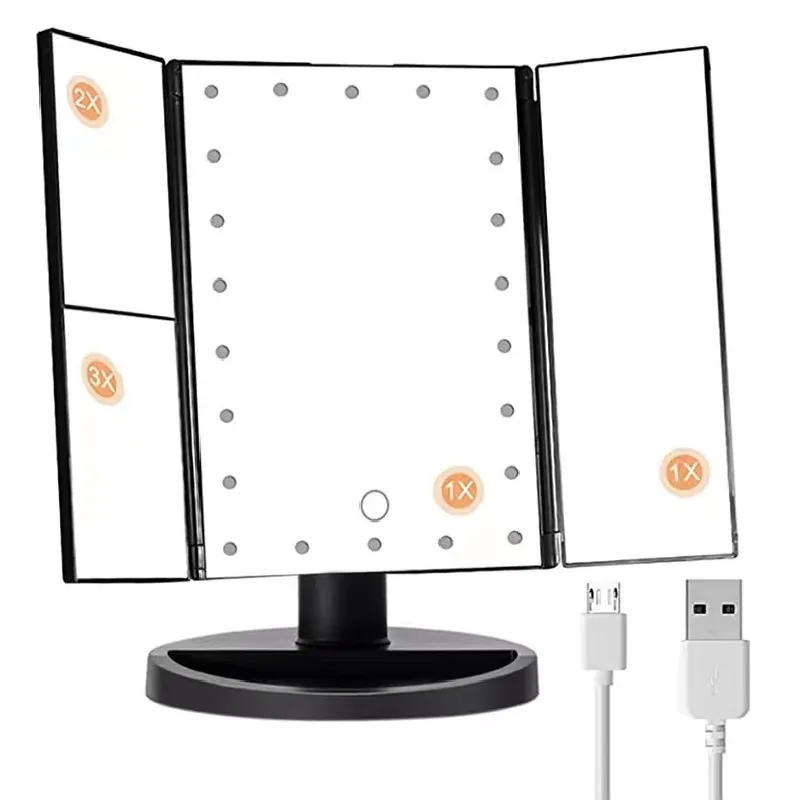 메이크업 소형 거울, 2x/3x 배율, 22 LED 밝은 테이블 미러, 터치 스크린, 180 조절 가능한 회전, 휴대용 여행 성형 거울