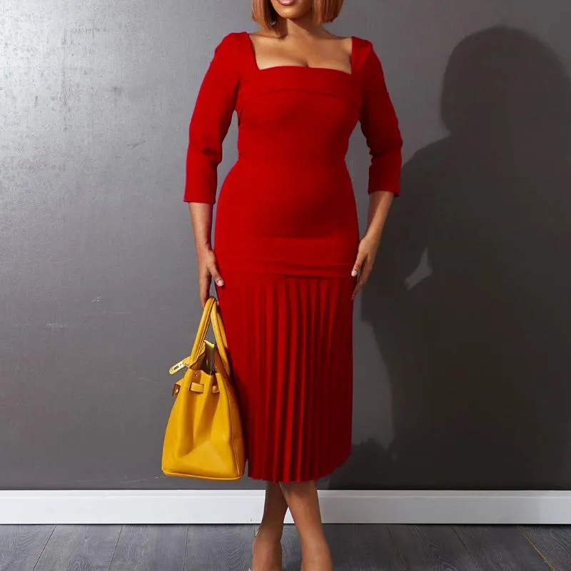 Party Dresses 2023 High-End Office Lady Solid Sexy Women of Quality Mature Half Sleeve Male High midja Långt veckad klädselparti