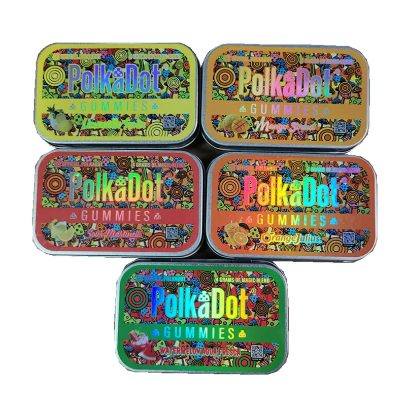 polkadot gummies 4grams packaging boxes sour gummies Rectangular tin metal packaging one piece flip open window storage box mushroom