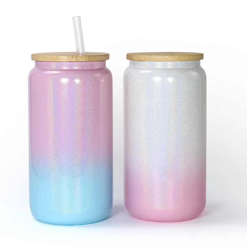 16oz Sublimation Glitter Glas Farbverlauf Bierkrüge Dosenförmige Glasbecher Bierdose Glasbecher Trinkgläser mit Bambusdeckel und Strohhalm DIY