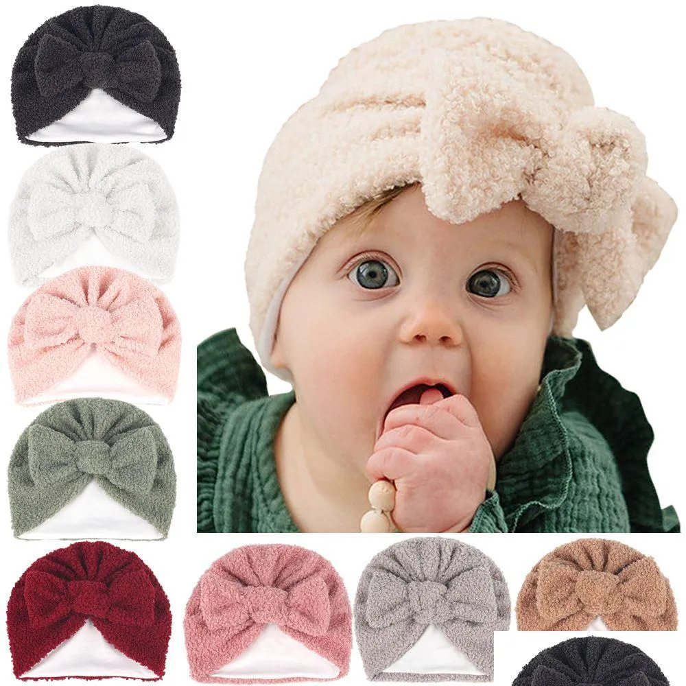 Caps Hats Old Cobbler European And American Childrens Bow Solid Color Teddy Socket Thick Double Layer Down To Keep Warm In Autumn Dhni3