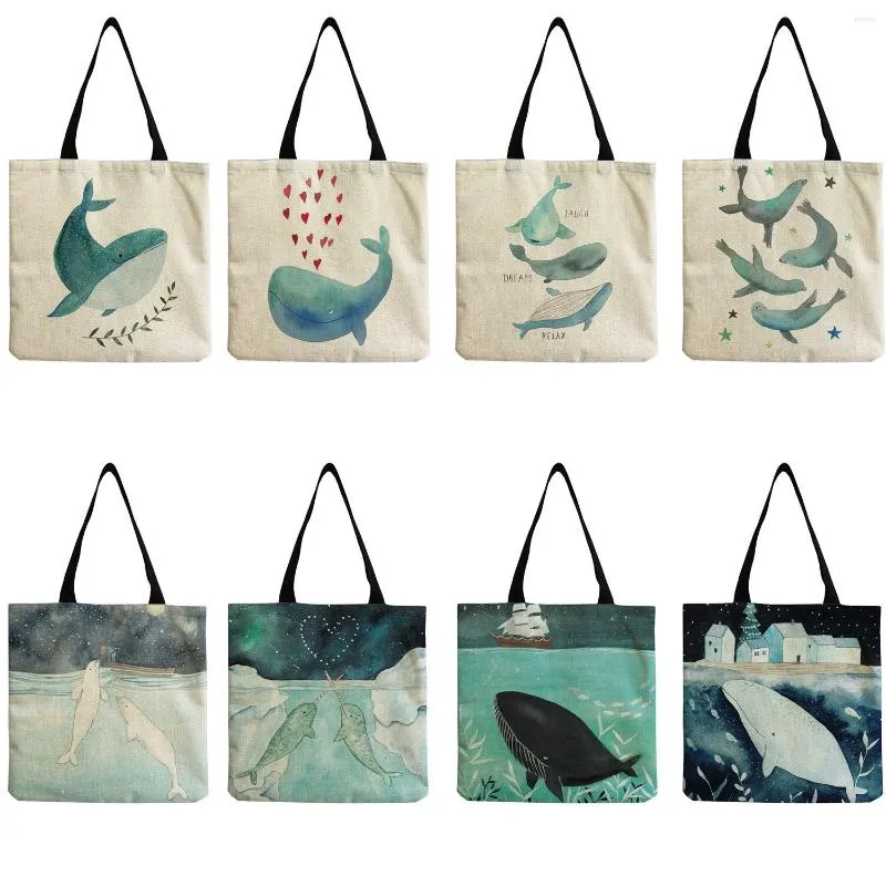 Avondtassen vers schilderij schattige walvis zee serie shopper tas dames handtassen grote capaciteit bakken ontwerper draagbare eco schouder vrouw