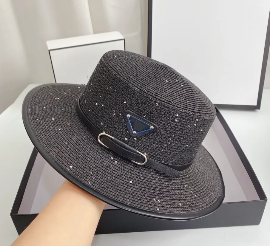 Ceinture américaine Triangle Étiquette En Métal Chapeau De Paille femme Printemps et Été Mode Tout Assorti Vacances Plage Pare-Soleil Chapeau Haut-de-Forme