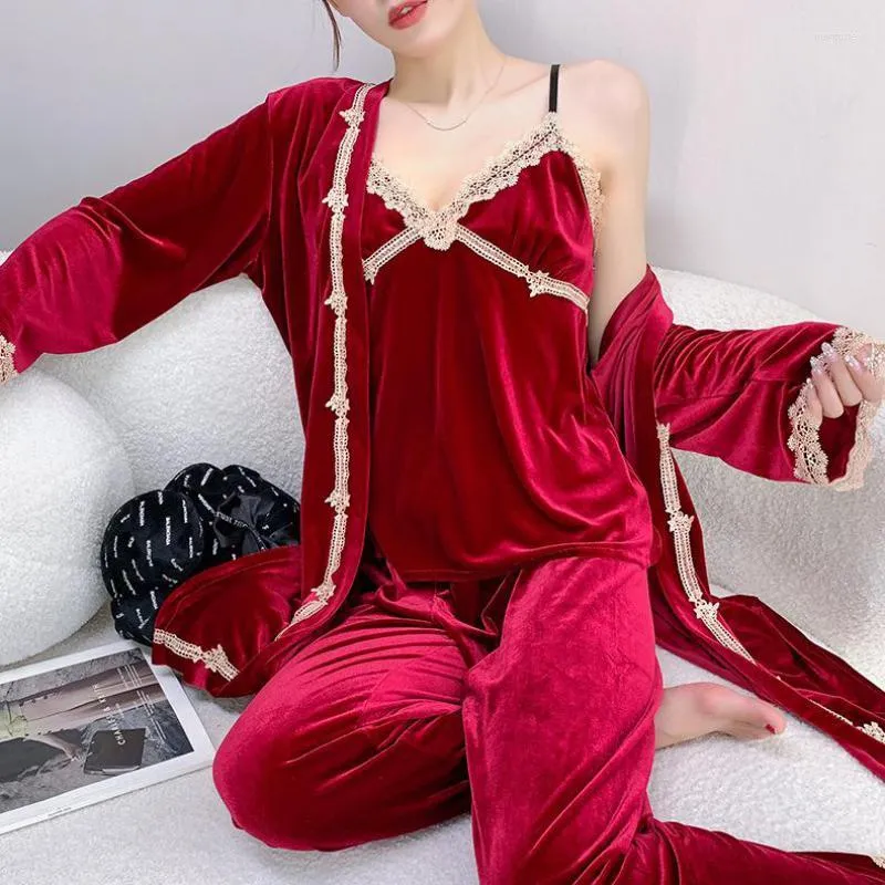 Damen-Nachtwäsche, Herbst-Samt, 3-teilig, Pyjama-Set, sexy Frauen, Kimono, Bademantel, Kleid, Nachthemd, lockere, lässige Nachtwäsche, Heimkleidung