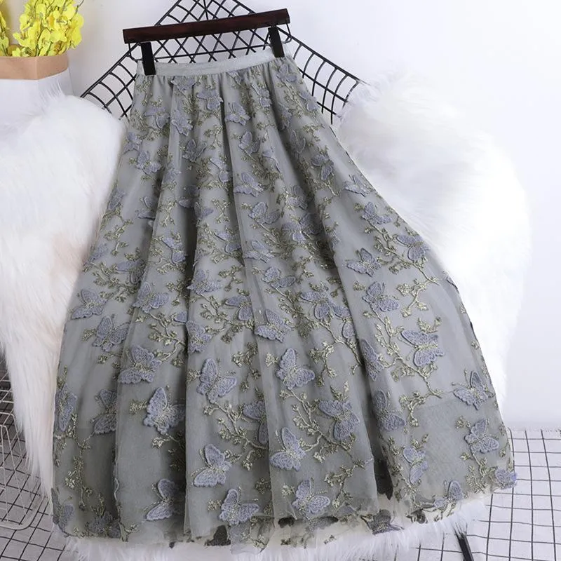 Skirts Three-dimensional Embroidery Butterfly Net Yarn Skirt Female 2023 Summer Heavy Industry A-line Temperament Large