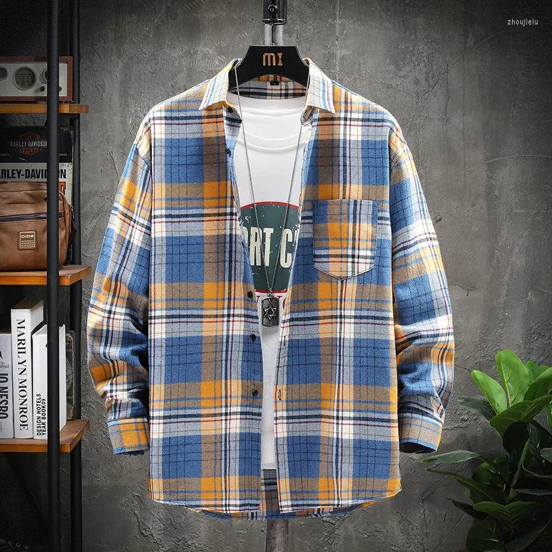 Männer Casual Hemden Frühling Und Herbst Hong Kong Stil Mode Plaid Revers Langarm Hemd Männer Lose Einreiher jacke Flut