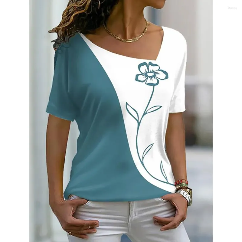 Women's T Shirts 2023 Women's T-shirt Oregelbundet V-Neck Design Y2K Fashion Trend Summer Short Sleeve Sexig halsringning 3D Flower Mönster