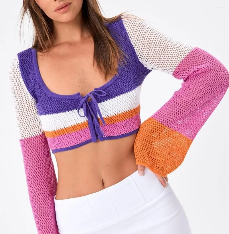 Camisetas de mujer, Tops cortos de punto a la moda para mujer, suéter de manga larga con cuello redondo a rayas de colores en contraste, jerséis informales de primavera