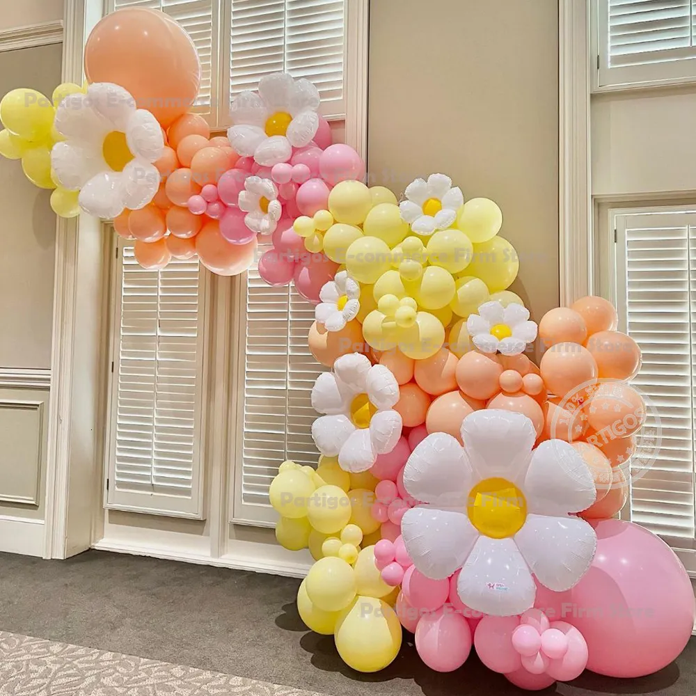 Andere Event-Party-Zubehör, 157 Stück Gänseblümchen-Ballonbogen-Girlande, Macaron, rosa, gelb, orangefarbene Luftballons, Hochzeitsfeier-Dekorationen, Geburtstagsfeier, Babyparty-Dekoration, 230321