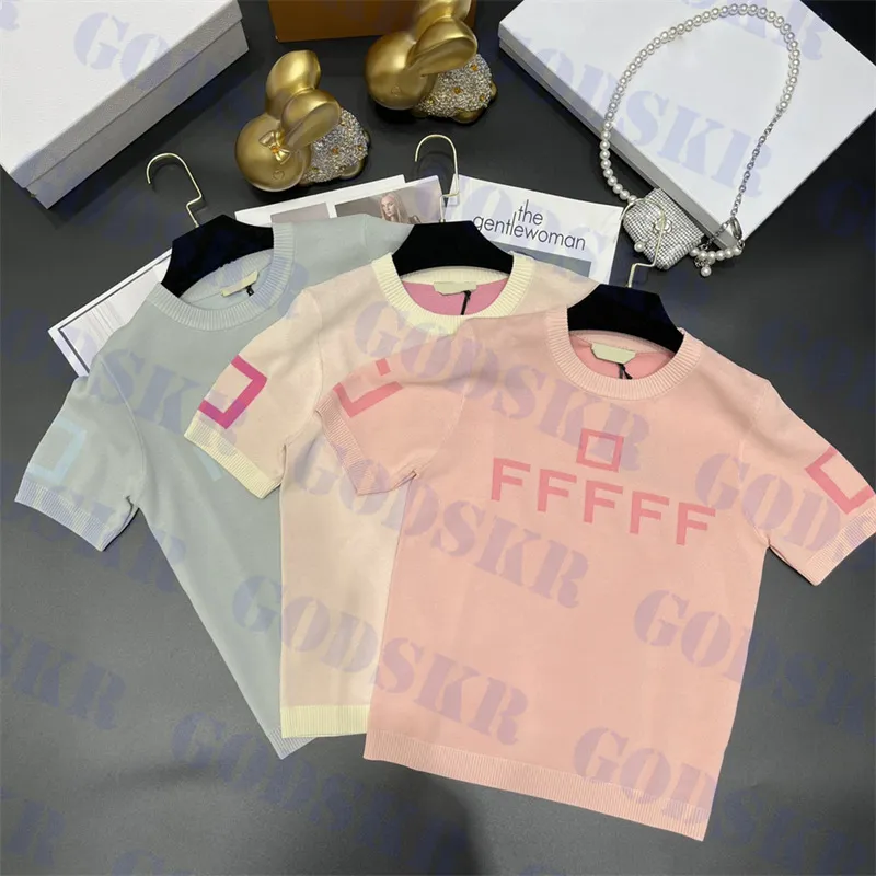 Letter Logo T -shirt Dames gebreide korte mouw T Tees Contrast Round Neck Tops Sweatshirt Three Colors