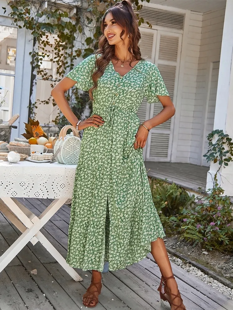 Msfilia Butterfly Print Long smocked midi dress - Casual, Slleve, V-Neck, Button Closure, Flroal, Split Sundress for Women's Spring/Summer Leisure (