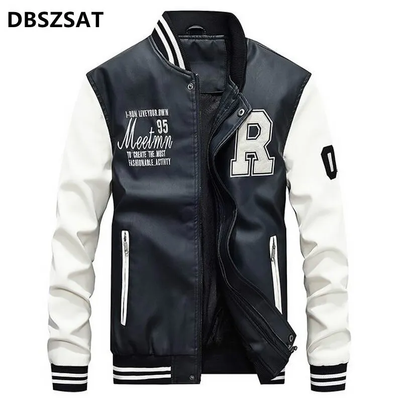 Men's Jackets Brand Embroidery Baseball Jackets Men Stand Moto Biker Leather Jacket Men Casual Fleece Thicken Faux Leather Coat M-4XL 230321