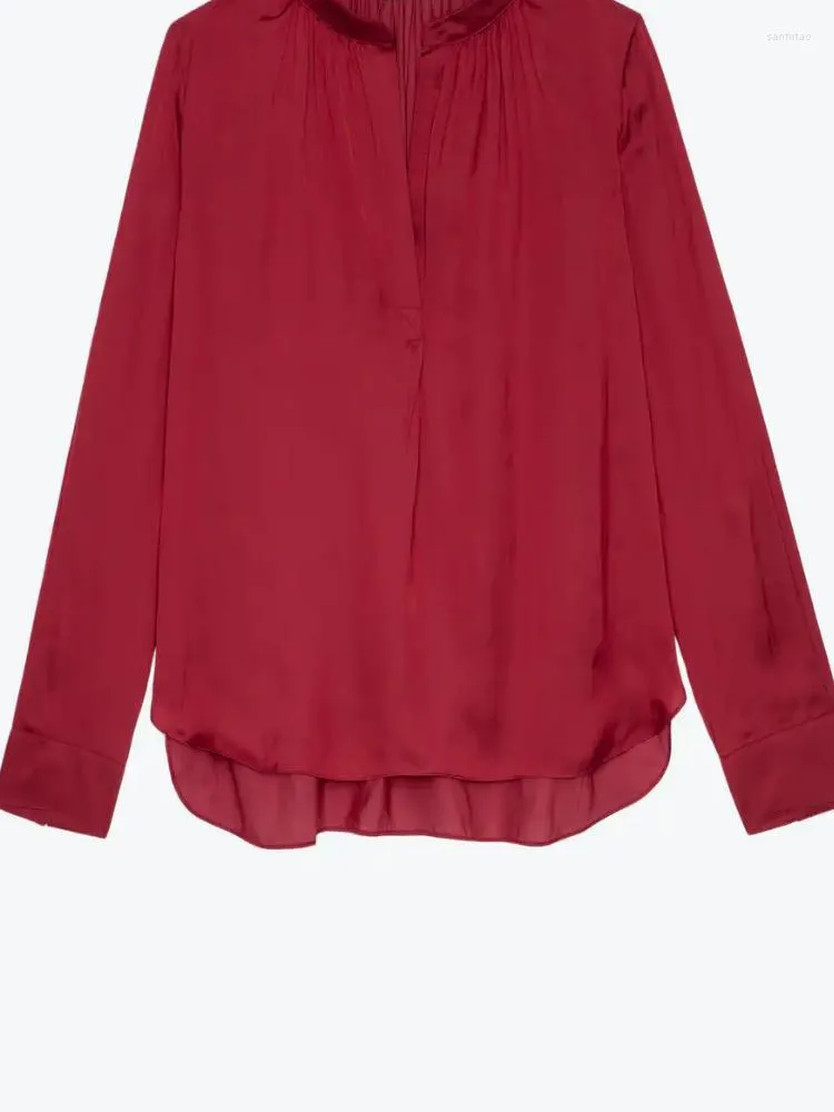 Chemisiers pour femmes 2023 printemps automne couleur unie col en v chemise à manches longues vin rouge femmes haut décontracté