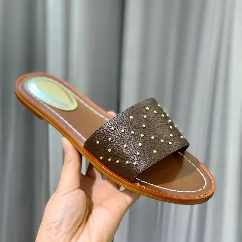 Luxury Brand Designer Slippers Slide Thong Sandal Brown Leather