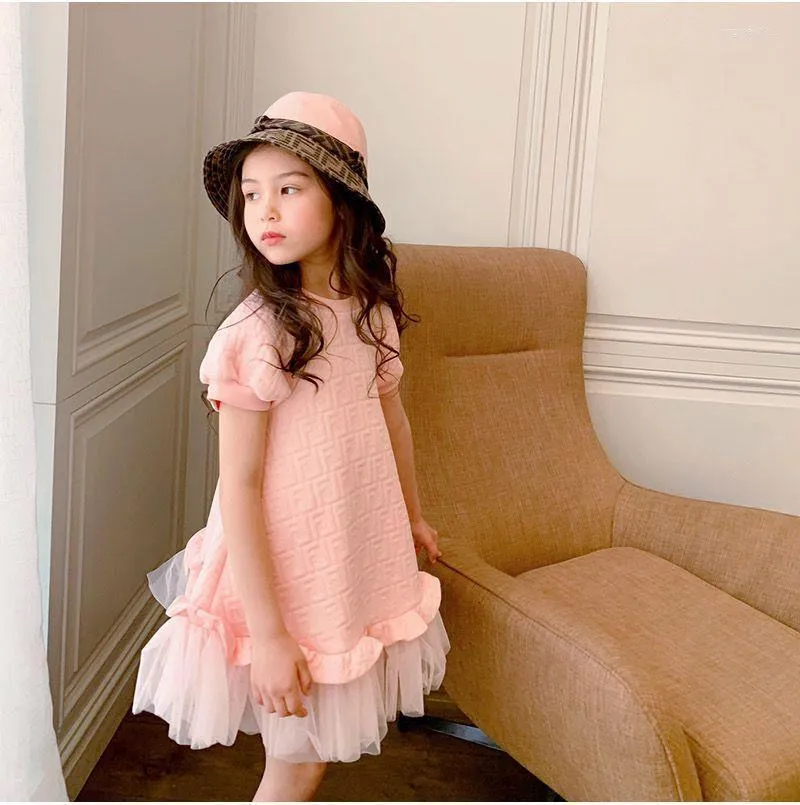 Pink Cotton Princess Dress for Girls Short Sleeve A Line Mesh Lace Knee Length Dress 2 9 Years Old 2024 Spring Summer
