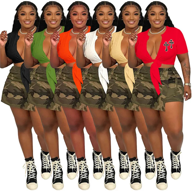 2024 Designer brand Summer tracksuits Plus size 3XL Women outfits Short sleeve Bandage shirt top Camouflage shorts skirt two pieces set Casual Sportswear 9523-5