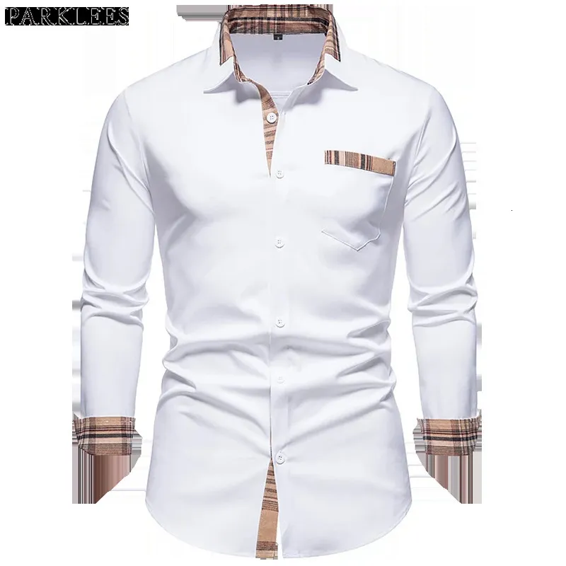 Erkekler Sıradan Gömlek Parklees Sonbahar Ekose Patchwork Resmi Gömlek Erkekler İnce Uzun Kollu Beyaz Düğme Up Gömlek Elbise Ofis Camisas 230321
